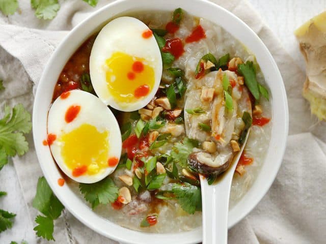 Close-up of instant pot congee served in a bowl.