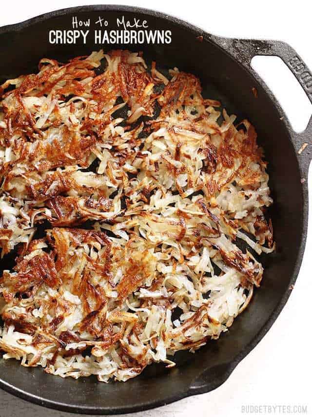 Crispy Hash Browns in cast iron skillet 