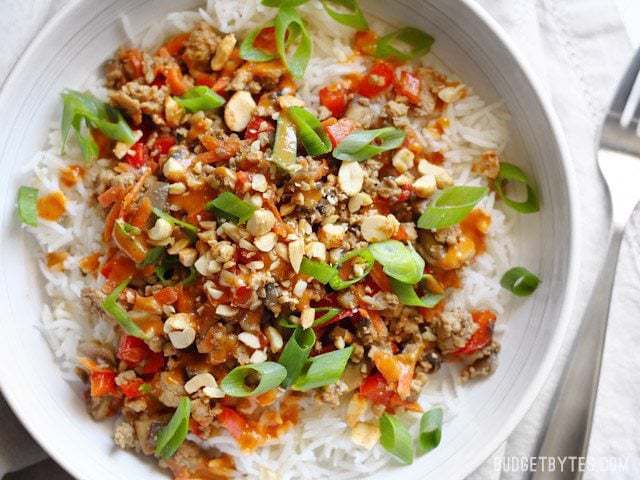 Close-up of hoisin stir-fry bowl with peanut sauce.