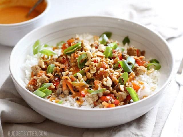 Side view of a bowl of hoisin stir fry served over rice and garnished with sliced green onion and chopped peanuts