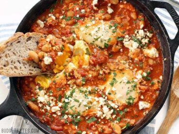 Smoky White Bean Shakshuka makes the BEST breakfast for dinner! BudgetBytes.com