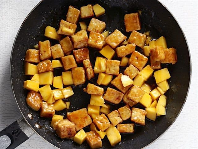 Tofu coated in the Mango Honey Lime Glaze