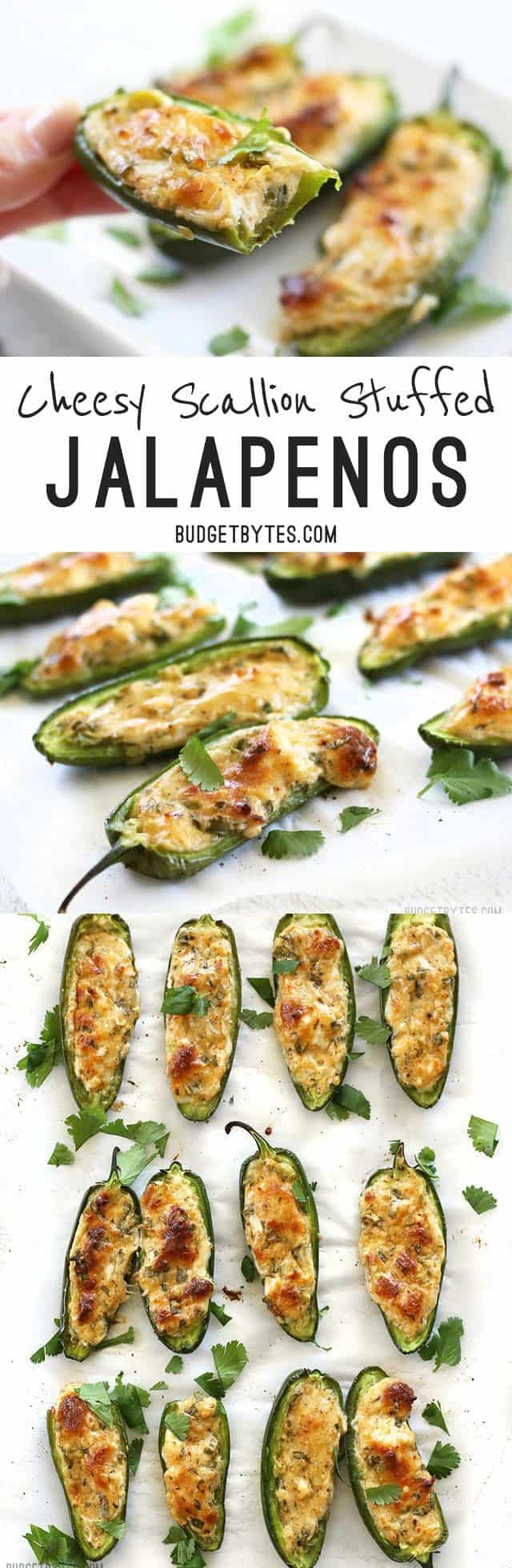 Cheesy Scallion Stuffed Jalapeños are a quick and impressive appetizer for any party or game night. BudgetBytes.com