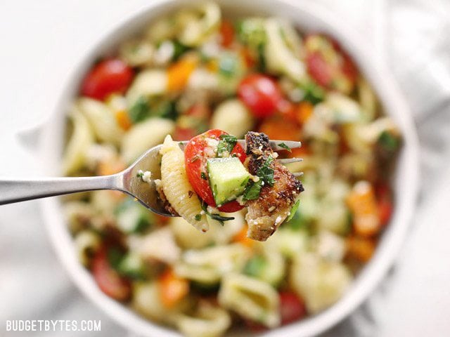 Close up of a forkful of Greek Chicken Pasta Salad with the bowl in the background