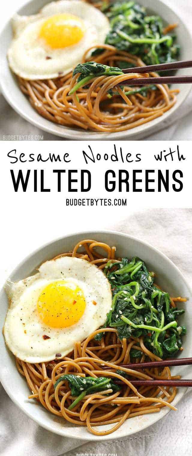 Sesame Noodles with Wilted Greens is a simple dinner with big flavor and plenty of options for customization. BudgetBytes.com