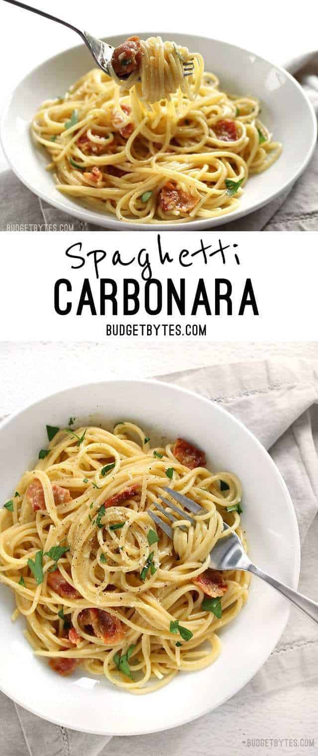 Spaghetti Carbonara is fast and easy dinner with just a few ingredients and a luxuriously creamy sauce. BudgetBytes.com