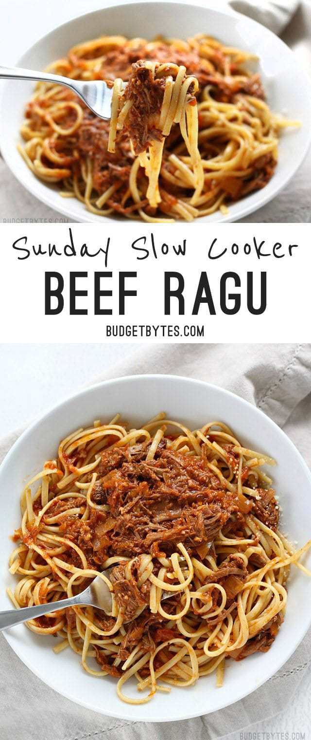 Sunday Slow Cooker Beef Ragù is freezer ready and features shredded beef in a deep savory tomato sauce. BudgetBytes.com