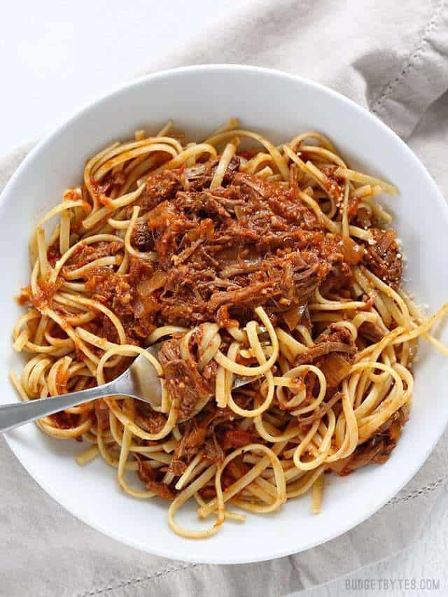 Top view of a plate of Sunday Slow Cooker Beef Ragù