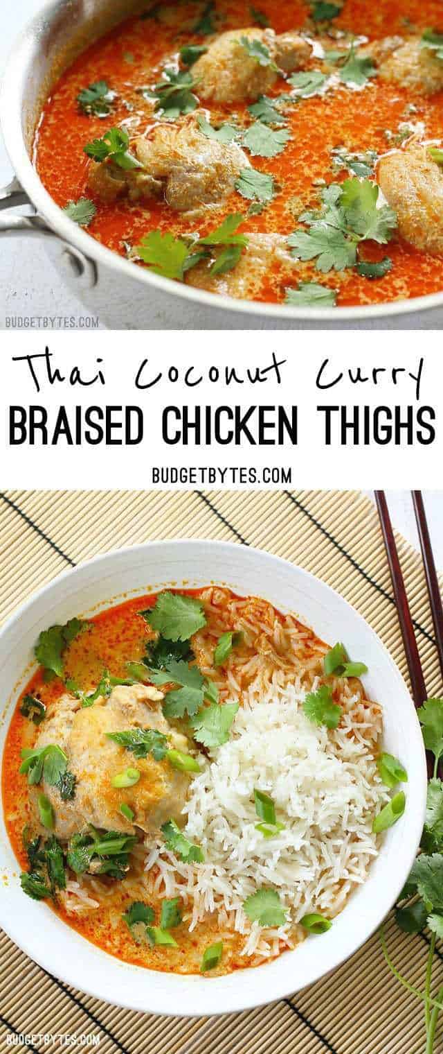 Thai Coconut Curry Braised Chicken Thighs are rich and bold in flavor, but fast and easy to prepare. BudgetBytes.com