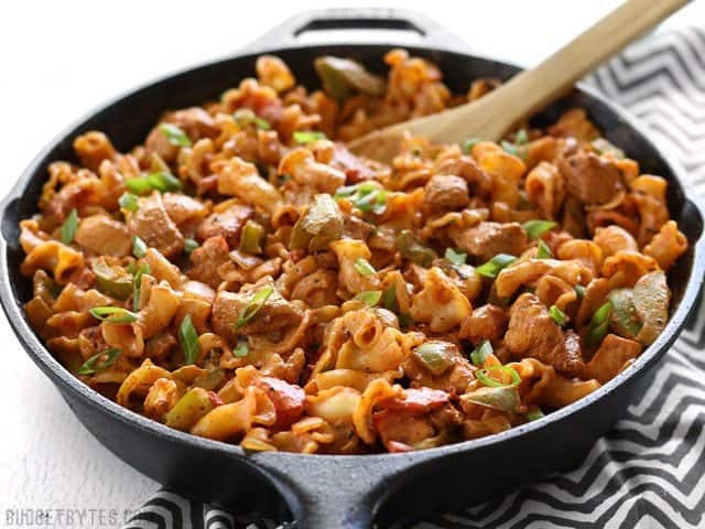 Creamy Chicken Fajita Pasta finished in the cast iron skillet