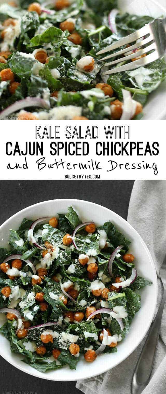 Kale Salad with Cajun Spiced Chickpeas and Buttermilk Dressing. BudgetBytes.com