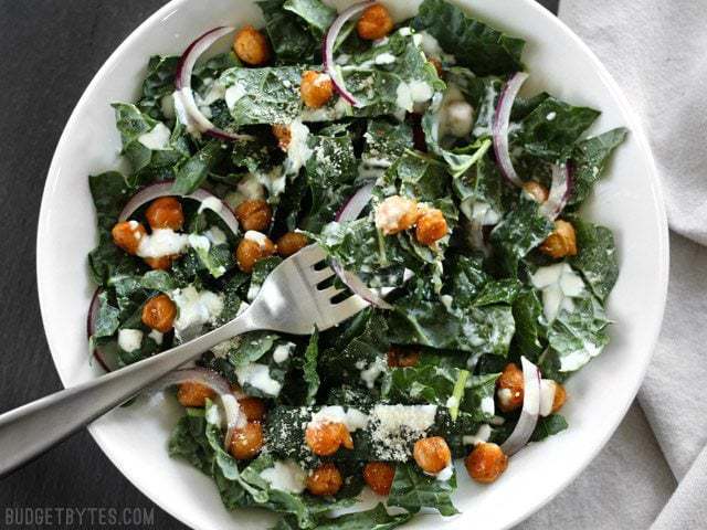 Kale salad with chickpeas and buttermilk dressing.