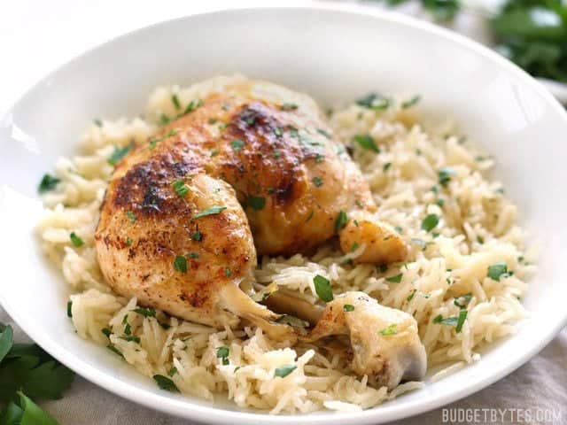 Front view of Pressure Cooker Chicken and Rice in a bowl.