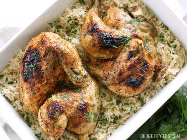 Pressure cooker chicken and rice served in a bowl.