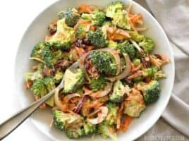 Broccoli Salad with Honey Yogurt Dressing is light and refreshing raw salad for summer. BudgetBytes.com