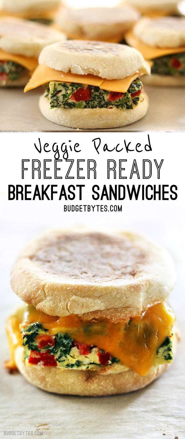 Veggie Packed Freezer Ready Breakfast Sandwiches are a filling, delicious, and microwavable make ahead breakfast for busy mornings. BudgetBytes.com