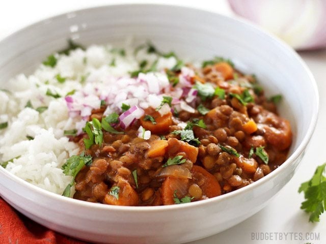 Side view of a bowl of Slow Cooker Coconut Curry Lentils