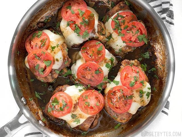 Overhead view of the finished Balsamic Chicken Skillet 