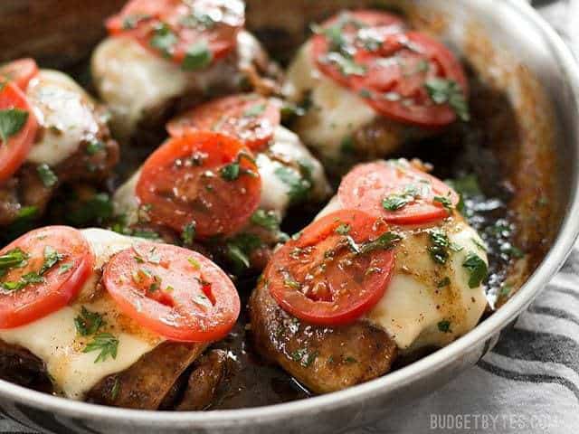 Balsamic chicken skillet with a drizzle of sauce.