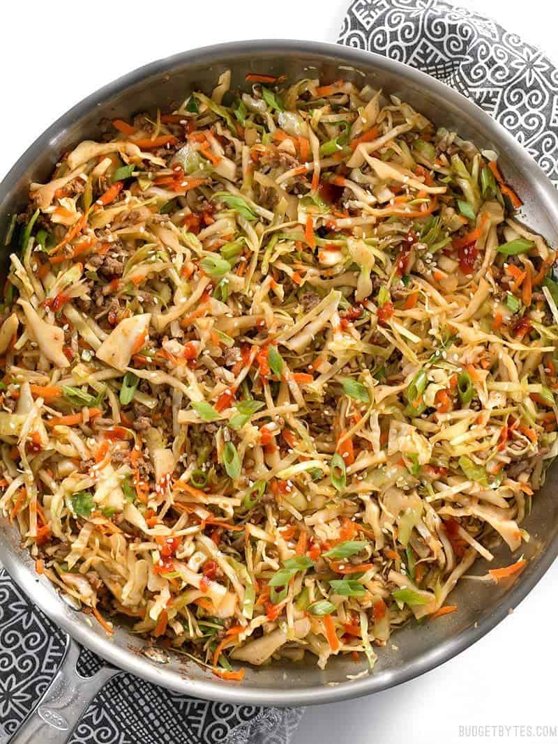 Close view of the skillet full of Beef and Cabbage Stir Fry 