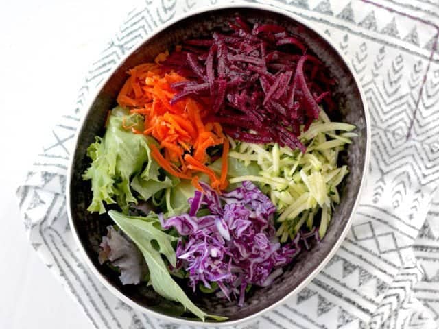 Layer two of bowls, shredded veggies 