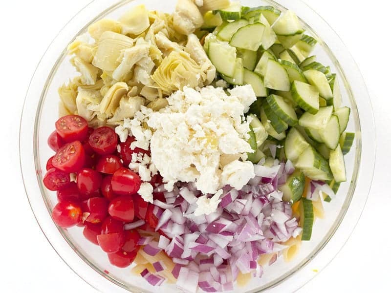 Combine Pasta and Vegetables in a large bowl