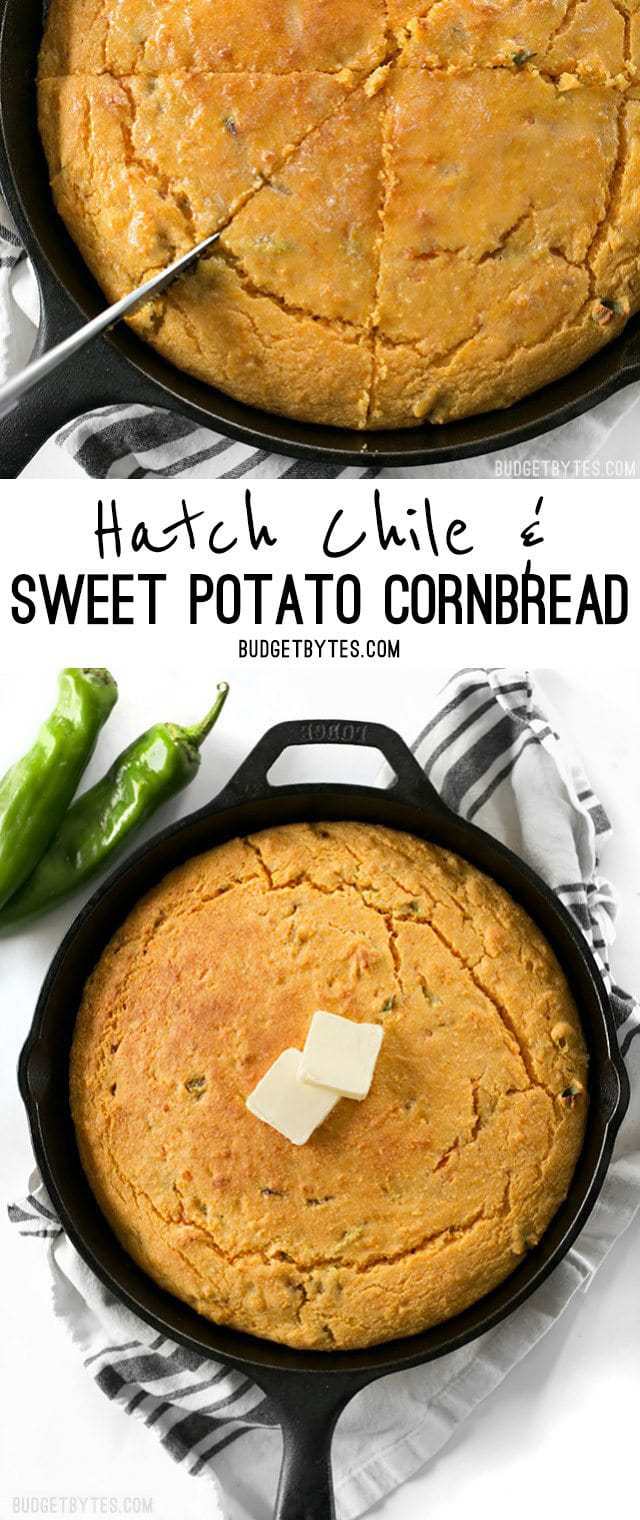 Hatch Chile Sweet Potato Cornbread boasts the subtle sweetness of sweet potatoes paired with the smoky flavor of roasted Hatch chiles. BudgetBytes.com