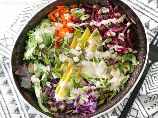 Close-up of a vibrant purple power bowl.