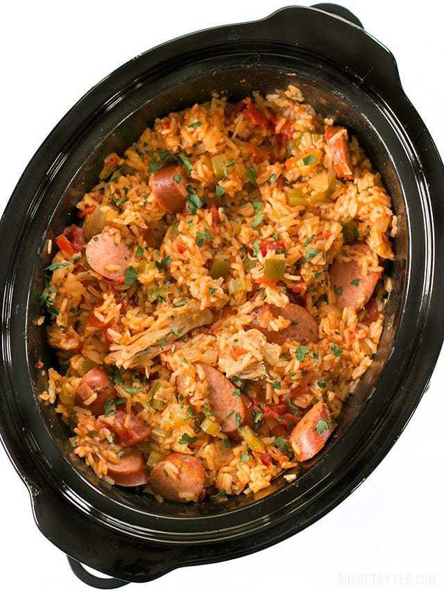 Top view of Slow Cooker Jambalaya in slow cooker 