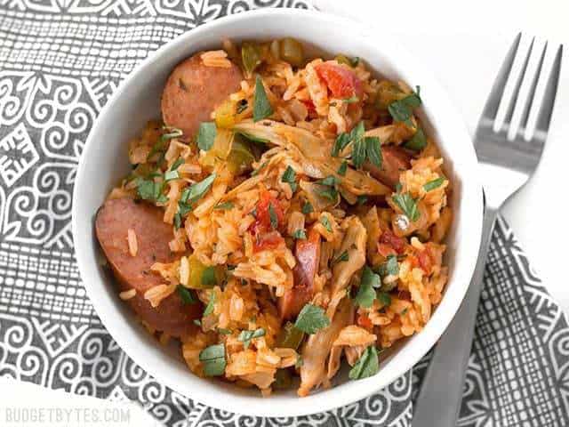 Slow cooker jambalaya served in a bowl.