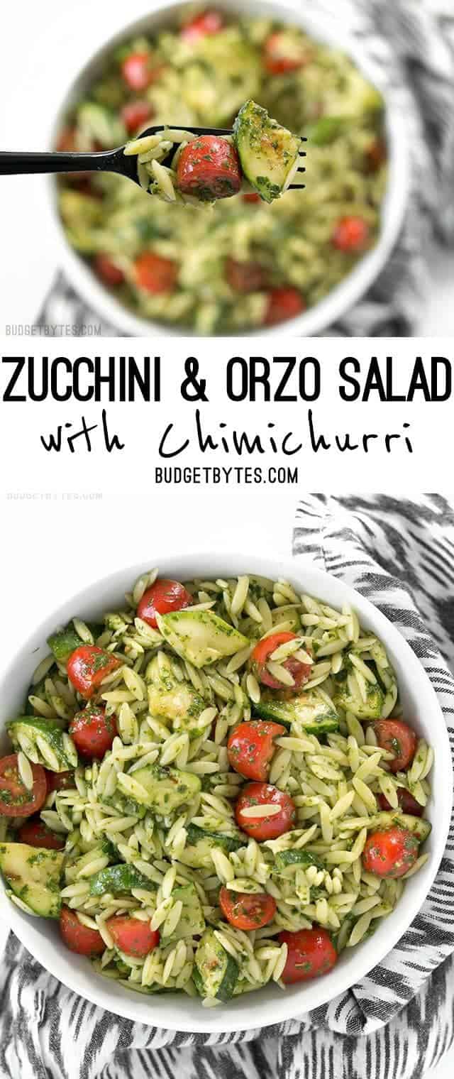 Zucchini and Orzo Salad with Chimichurri is a fresh summer side with bold herbal flavors. BudgetBytes.com