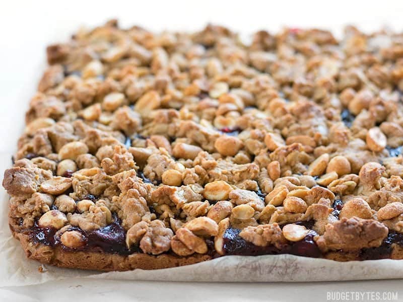 Close up of Baked Peanut Butter and Jelly Bars from the side