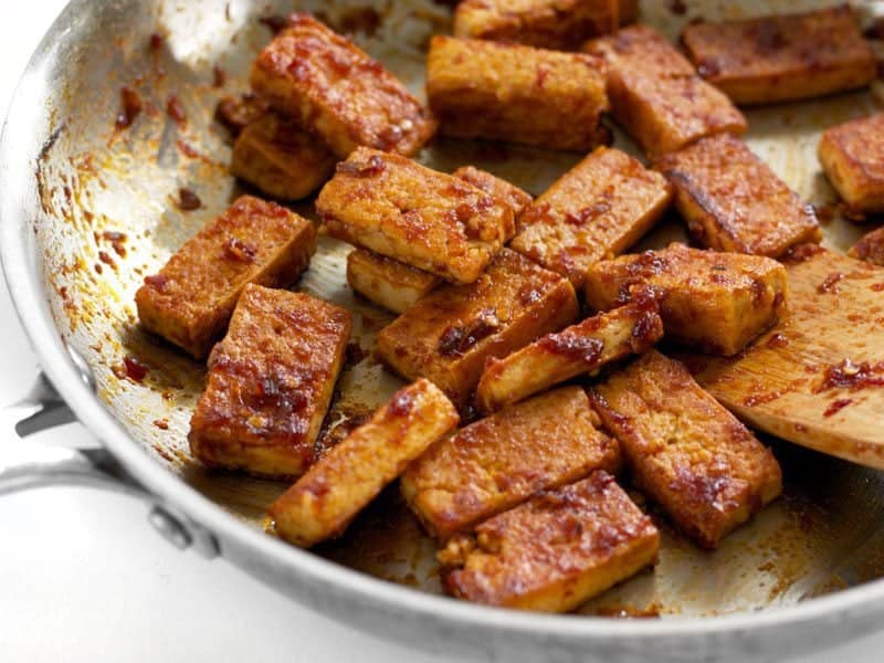 Close up of Chili Garlic Tofu in the skillet