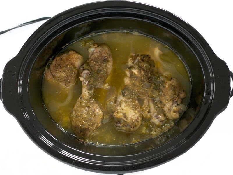 Cooked Salsa Verde Chicken in the slow cooker