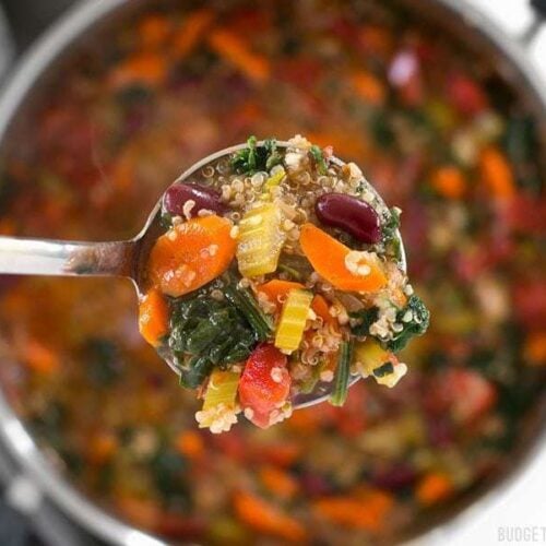 Garden vegetable quinoa soup served with a ladle.