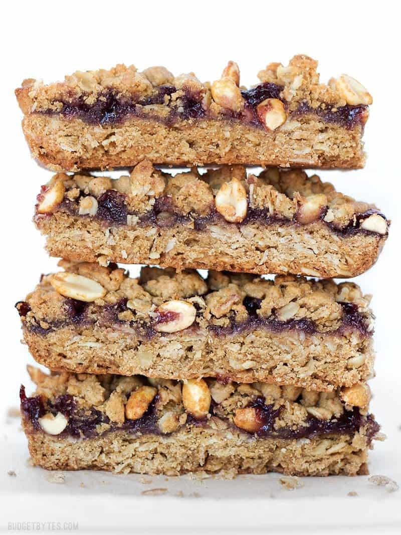 Side view of a stack of Peanut Butter and Jelly Bars 