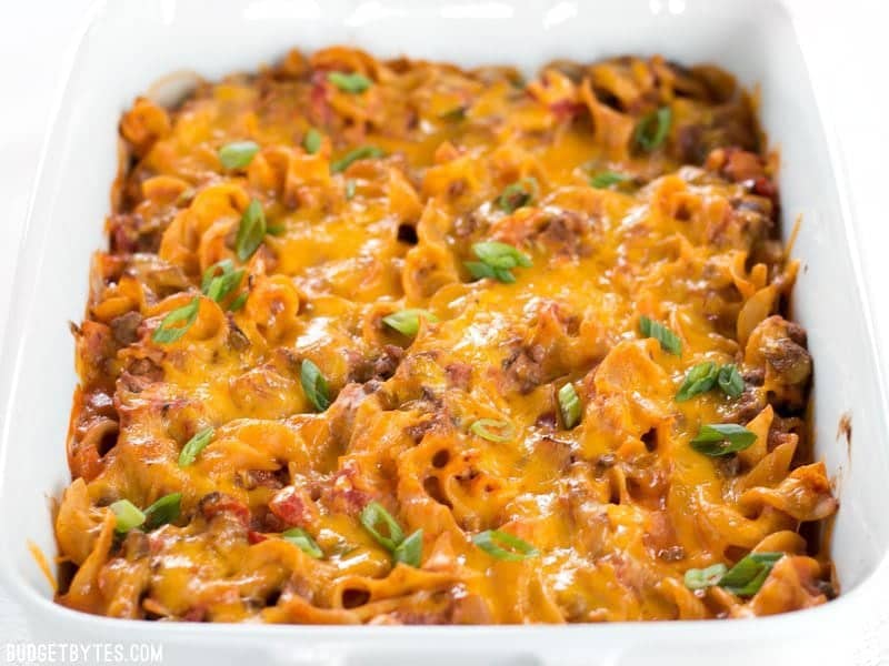 Front view of Beef & Mushroom Country Casserole in the white casserole dish.