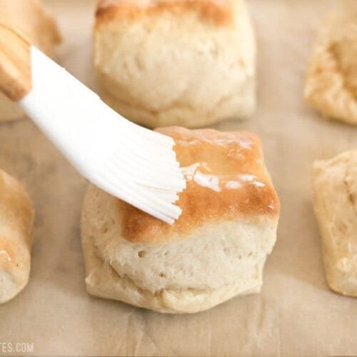 Freezer biscuits brushed with melted butter.