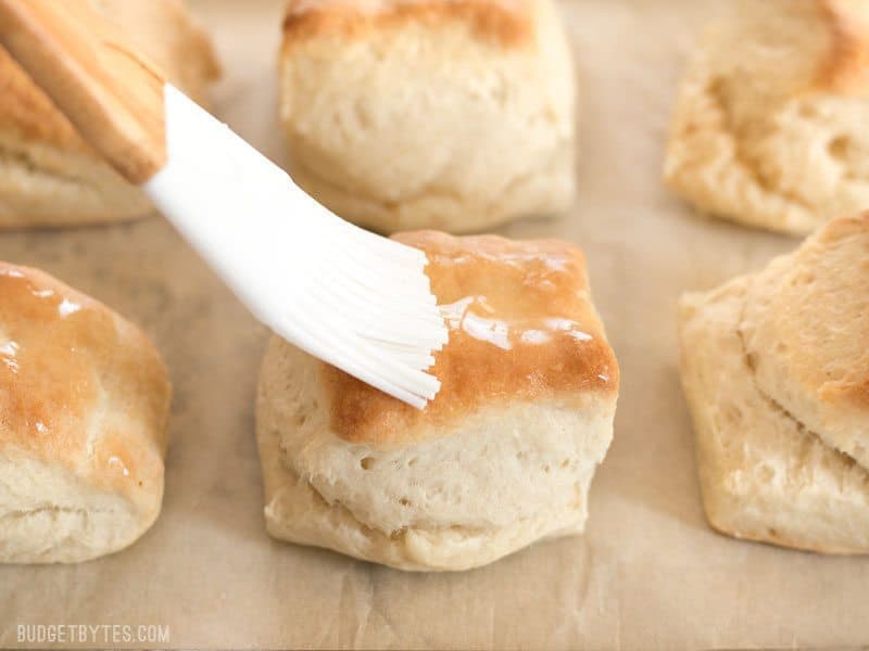 Freezer biscuits brushed with melted butter.