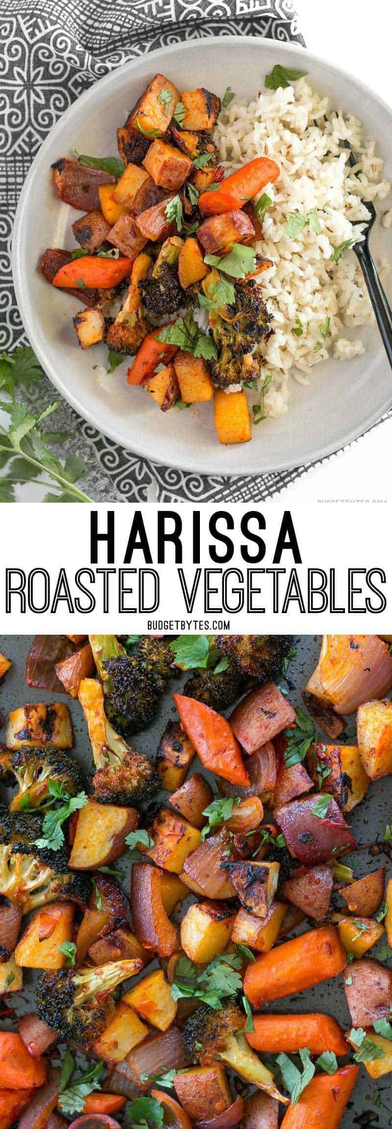 Harissa Roasted Vegetables are a spicy, slightly sweet, and smoky vegetable medley that makes a great side for meat or fish. BudgetBytes.com