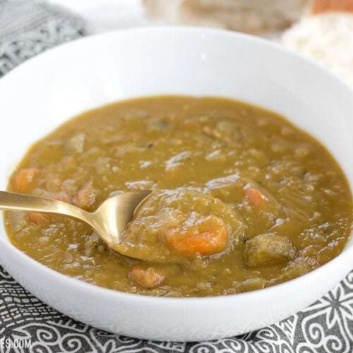 Split pea soup from a pressure cooker in a bowl.