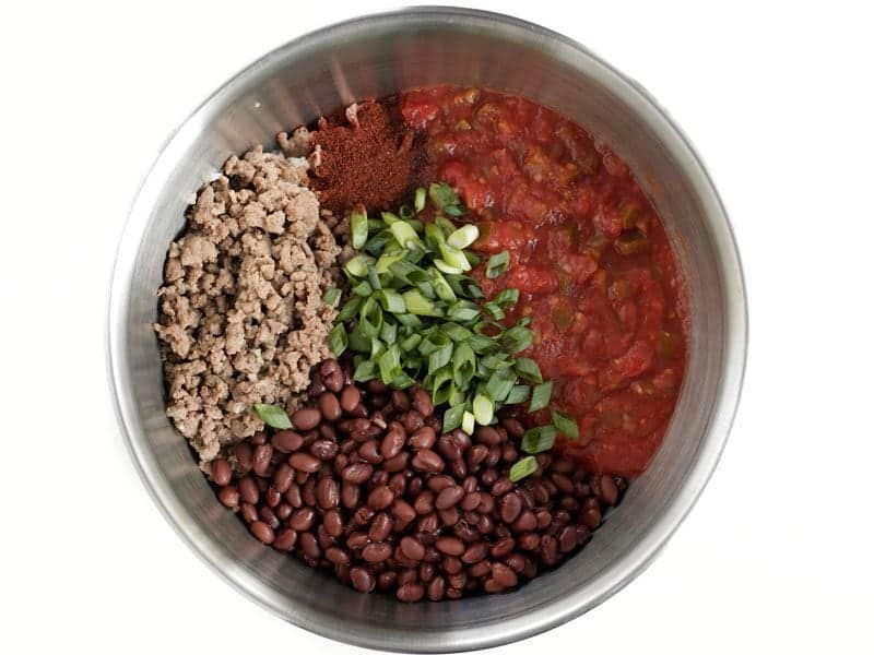 Rice Beef Beans Salsa Green Onions in a bowl, ready to be mixed.