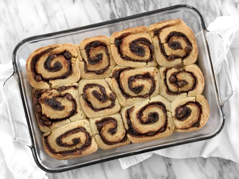 Baked Chocolate Cinnamon Buns in the baking dish