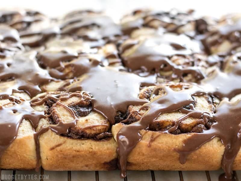 Close up side view of chocolate cinnamon buns 