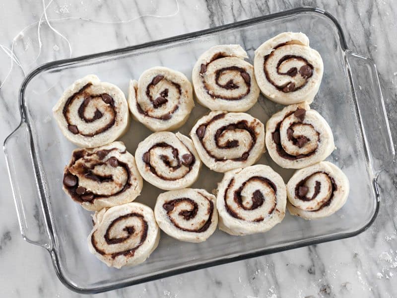 Chocolate Cinnamon Buns in baking dish Ready to Bake