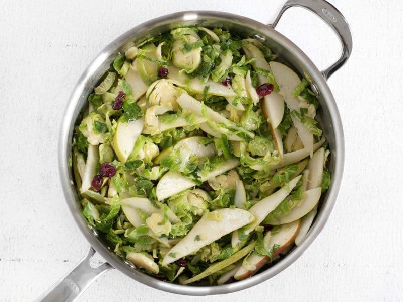 Finished Warm Brussels Sprouts and Pear Salad in the skillet