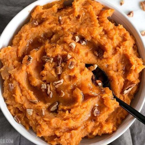 Maple brown butter mashed sweet potatoes in a bowl.