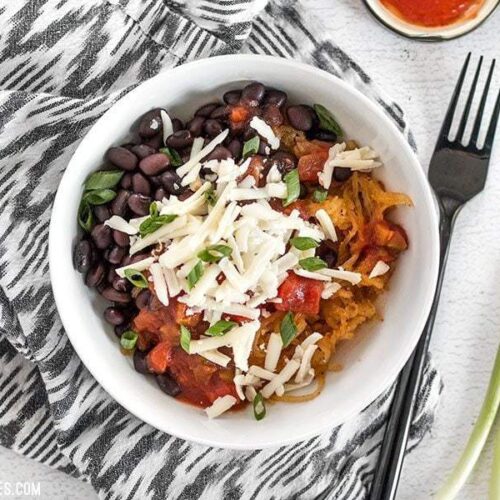 Southwest spaghetti squash bowl garnished on top.