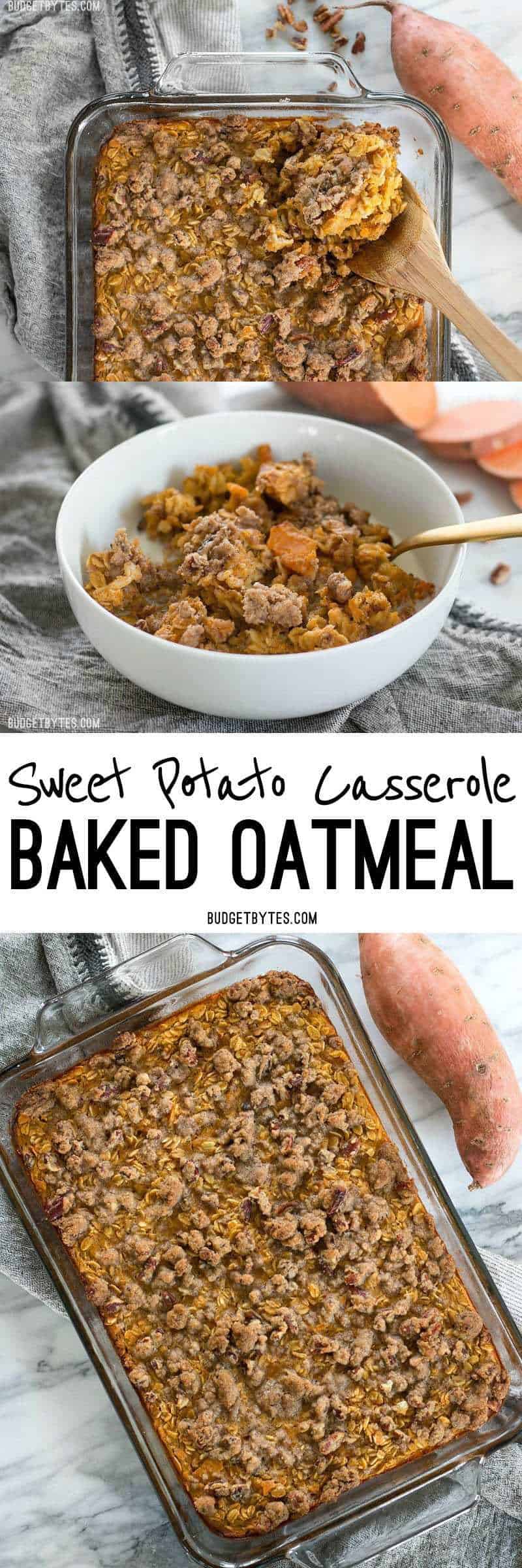 Sweet Potato Casserole Baked Oatmeal is a great way to have your favorite Thanksgiving side as a nutrient packed breakfast. BudgetBytes.com