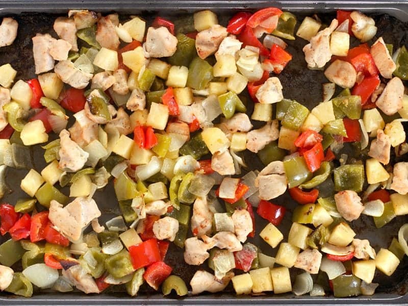 Baked Chicken, Peppers, Onion, and Pineapple on the sheet pan